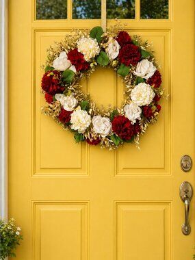 Spring Wreath for Front Door Red & Lemon Dahlias, Red Carnation Handmade 16x16”